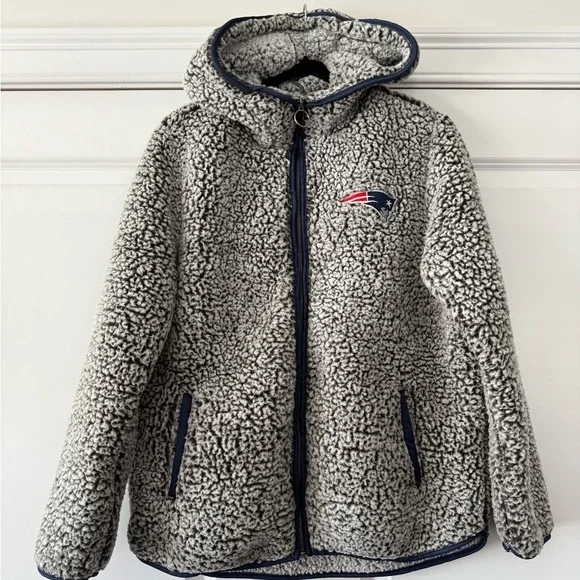 NFL Patriots Women's Gray Sherpa Full-Zip Hoodie with Navy Trim - Picture 1 of 2